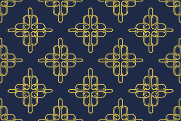 Decorative pattern featuring interlocking knots on a dark blue background with golden lines