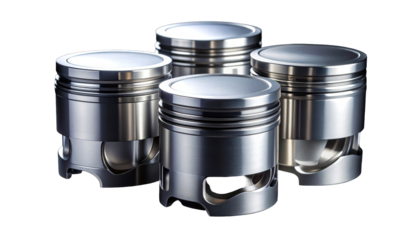Shiny, metallic engine pistons arranged in a close-up, isolated on a dark background