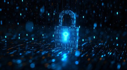 A digital padlock made of glowing blue binary code symbolizes cybersecurity and data protection in a futuristic abstract background. - Powered by Adobe