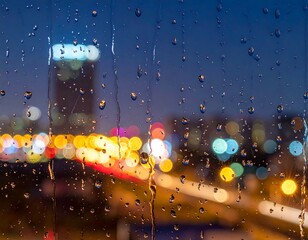 View through a window of nighttime city lights and rain