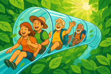 Four people enjoy a slide surrounded by green leaves on a sunny day in a park