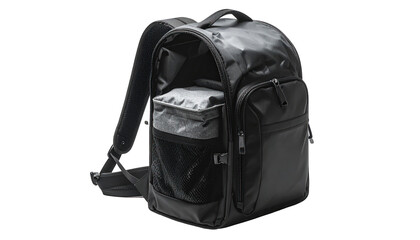 Naklejka premium Black backpack with open compartment revealing an inner gray padded case