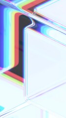Abstract iridescent glass cube, geometric design, vertical orientation, 3d render