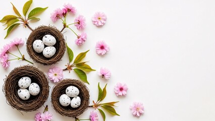 Elegant Easter themed image featuring three bird nests filled with white eggs surrounded by pink cherry blossoms and green leaves on a white background perfect for spring celebrations