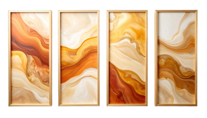 Four vertical abstract art panels in gold frames, with warm earth-tone colors flowing