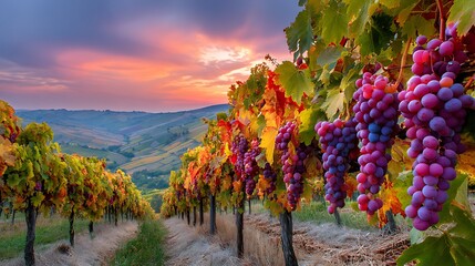 Ripe purple grape clusters hang from green vines in a sun-drenched autumn vineyard at sunset during the red leaf harvest at a scenic winery