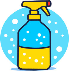 Cute and Colorful Illustration of a Spray Bottle with Yellow Nozzle and Blue Body Surrounded by Bubbles, Symbolizing Cleaning, Disinfection, and Home Care Essentials