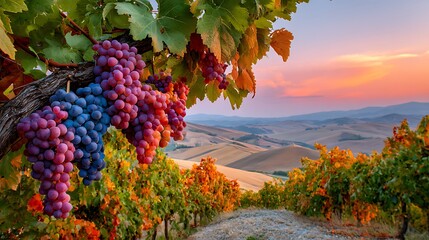 A scenic Spanish vineyard in autumn displays ripe red and blue grape clusters hanging from vibrant green and orange vines during the seasonal harvest at a traditional Mediterranean winery