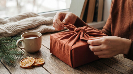 Close-up of hands tying a traditional Japanese furoshiki cloth around a gift box. Sustainable and eco-friendly holiday packaging.