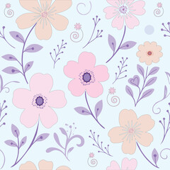 Soft Pastel Floral Seamless Pattern with Hand Drawn Flowers and Botanical Elements
