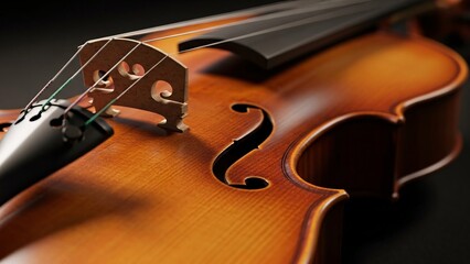 Close-up of a polished wooden violin with strings and f-holes highlighting craftsmanship and musical artistry for classical music lovers and musicians