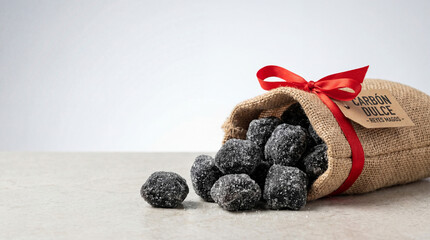 Traditional Spanish Carbon Dulce -sweet coal - candy, a playful Epiphany gift from the Three Kings. Rustic burlap sack with red ribbon.
