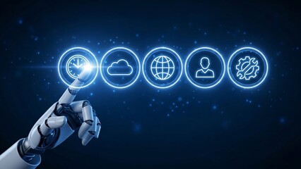 Futuristic robotic hand interacting with digital icons representing cloud computing data global network user and technology innovation in a high tech environment