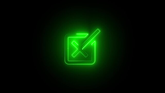 Neon right button icon animation on black background. Neon glowing tik button on black background