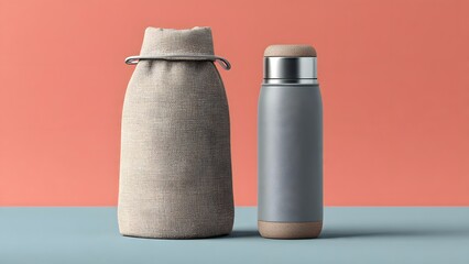 Two modern flasks, one in a cloth sack, standing side-by-side against a vibrant backdrop. The flasks look stylish and environmentally conscious