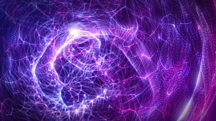 Abstract purple energy vortex of glowing particles and neural lines, forming a dynamic cosmic flow symbolizing AI, data networks, and futuristic technology. seamless loop - Powered by Adobe