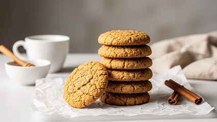 Stack of freshly baked oatmeal cookies with cinnamon sticks and a cup of milk on a rustic table perfect for snack time or dessert advertising