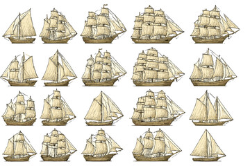 Various sailing ships with different designs and positions drawn in a sketch style showing details of sails and hulls