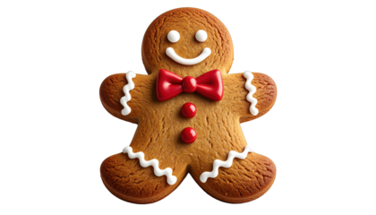 A jolly gingerbread man with a red bow tie, icing details, and candy buttons