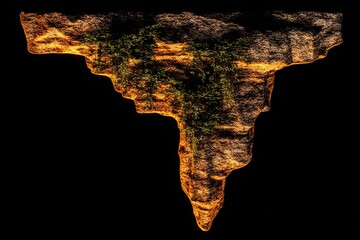 Floating rock formation with trailing plants in dark void