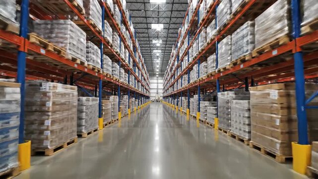 Commercial warehouse interior with tall shelving and packed goods