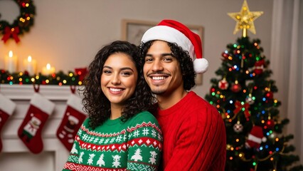 Happy couple wearing Christmas sweaters in cozy festive home.