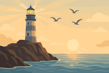 Bright lighthouse stands on rock by the sea at sunset with birds flying in the sky and warm colors in the background