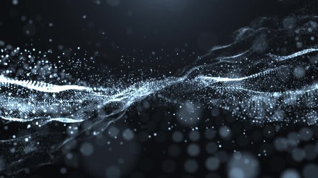 Abstract flowing wave of glowing particles and light dots on a dark background, forming a futuristic digital stream for technology and data visuals. seamless loop