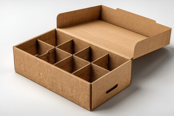 Open corrugated cardboard shipping box with floating divider grid isolated on white