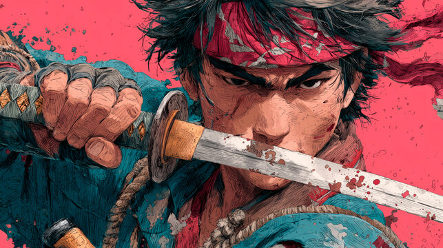 Dibujo manga de un hombre con katana