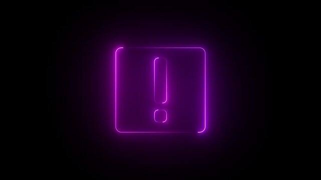 Neon warning icon animation on black background. Neon glowing exclamation warning sign animated on black background.