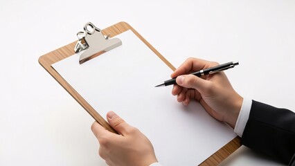 Business Professional Writing on Clipboard with Blank Sheet.