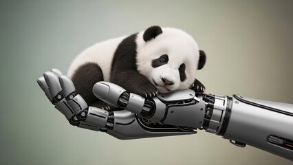 Robotic Hand Cradling Panda Plush in Futuristic Imagery.