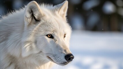 Majestic white wolf in icy snowy landscape.