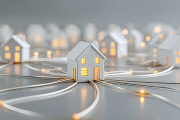 Smart grid sculpture with connected house icons and central solar node, seamless backdrop