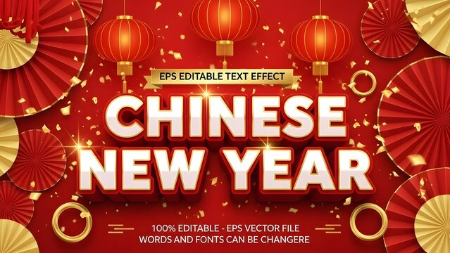 Chinese new year editable text effect with red and gold decorations on red background