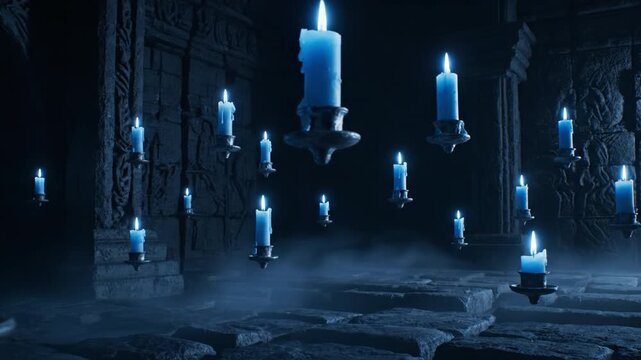 Glowing blue candle floating ancient stone crypt mist drifting across flagstone floor soft flame casting eerie cool illumination and shadow atmospheric mysterious ritual scene floating blue candle