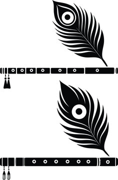 Black and White Indian Flute (Bansuri) and Peacock Feather Vector Art