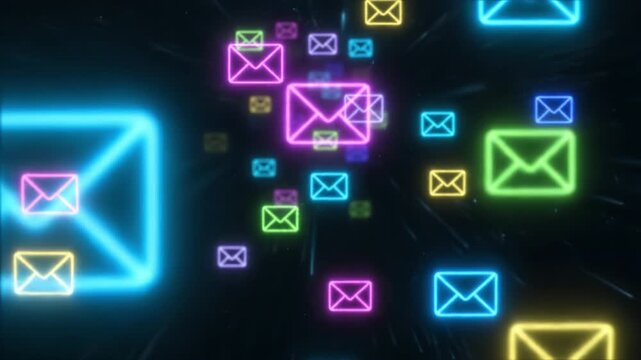 Neon envelope icons floating dark digital space colorful glowing mail symbols suggesting messaging email flow and communication with dynamic light trails futuristic atmosphere Neon envelope icons