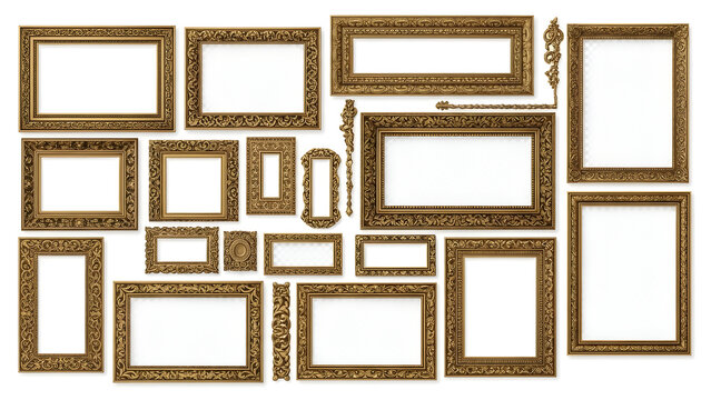 Collection of ornate gold picture frames on white background