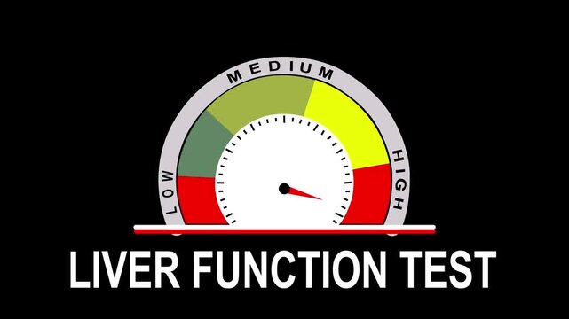 Liver function test gauge animation with a red needle on a black background, indicating levels in red, green, and yellow zones, medical test, health monitoring, diagnostic, or disease awareness