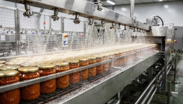 Medium shot capturing a long tunnel pasteurizer spraying hot water over sealed sauce jars highlighting the thermal treatment process within an automated production line.