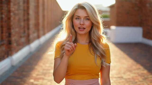 Woman in yellow top on brick path