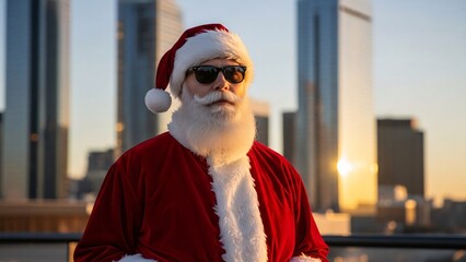 Santa Claus in city skyline at sunset.