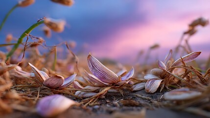 Spring crocus flowers bloom in the snow and green grass as a sign of life during the transition from winter to the natural beauty of the spring season