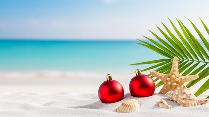 Tropical Beach Scene with Red Ornaments and Shells.