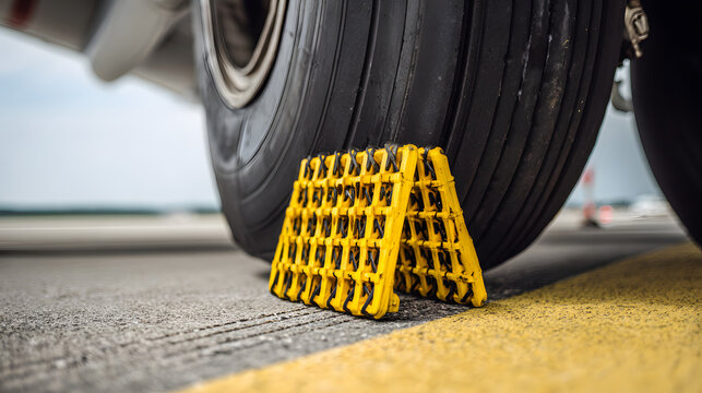 chock. A bright yellow rubber wheel chock secured against an aircraft tire on the tarmac. mobility guides, transit brochures, designed for mobility and urban transit guides, used by researchers.