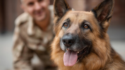 Faceless man in military uniform with German shepherd dog outdoors, K-9 unit, military working dog, service animal partnership, law enforcement canine, defocused person, with copy