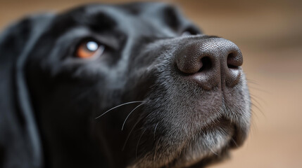 Closeup of guide dog's nose showing wet texture and detailed nostrils, service animal anatomy, assistance dog feature, canine sensory organ, working dog characteristic, with copy s