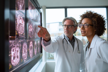 Experienced doctors examining brain MRI and CT scans on a large digital monitor in a modern hospital, collaborating on diagnosis and treatment plans
